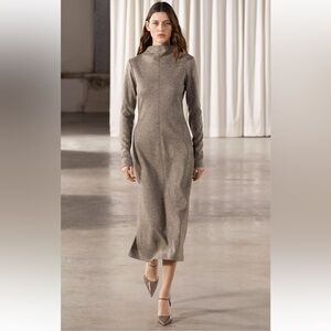 Zara Wool Blend Midi Dress High collar long sleeve ZW  Sand Neutral Size M NWT